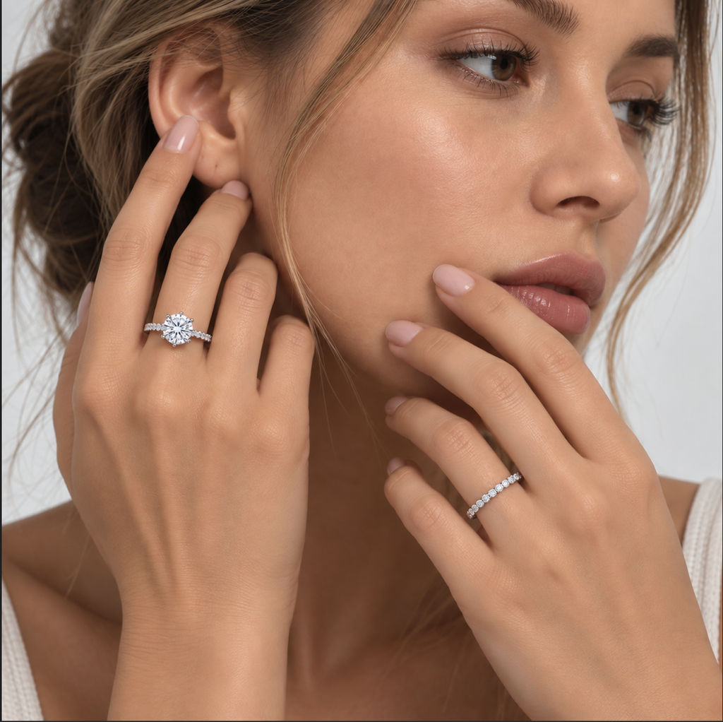 2CT Round Cut VVS1 Moissanite Ring Set Size 7 S925